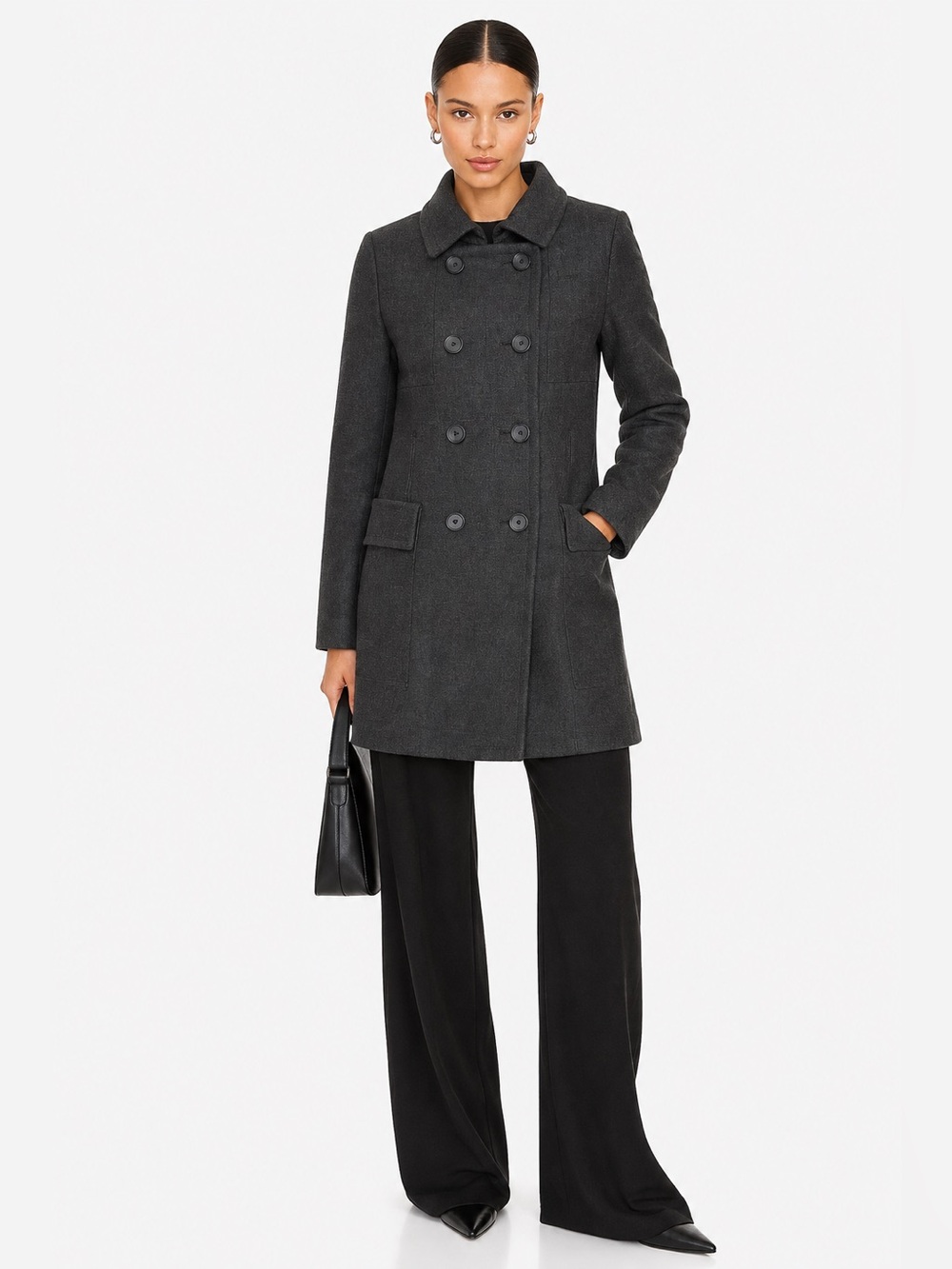 Whistles Charcoal Grey Wool Blend Pea Coat Overcoat Size 4 Double Breasted